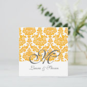 gele damask monogram bruiloft kaart (Staand voorkant)
