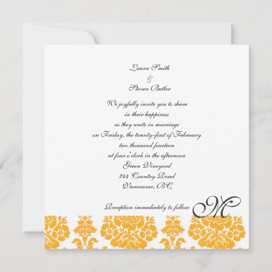 gele damask monogram bruiloft kaart (Achterkant)