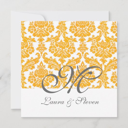 gele damask monogram bruiloft kaart (Voorkant)