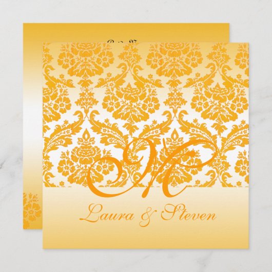 gele damask monogram bruiloft kaart (Voorkant / Achterkant)