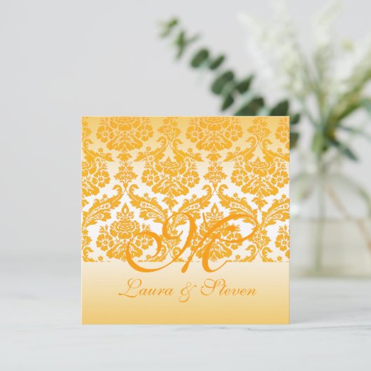 gele damask monogram bruiloft kaart (Staand voorkant)