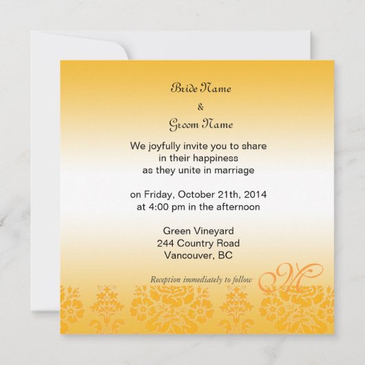 gele damask monogram bruiloft kaart (Achterkant)