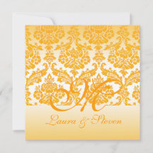 gele damast monogram bruiloft uitnodiging