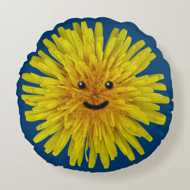 Gele Dandelion Flower Boy glimlachen op elke kleur Rond Kussen (Voorkant)
