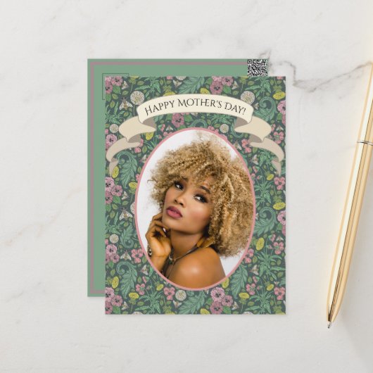 gele dandelions Roze bijen Briefkaart (Voorkant / Achterkant in situ)