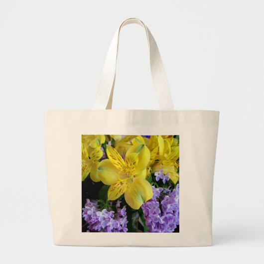Gele Daylilies & Paarse Lila Bloemen Grote Tote Bag (Voorkant)