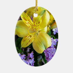 Gele Daylilies & Paarse Lila Bloemen Keramisch Ornament