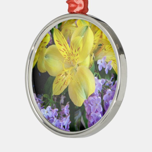Gele Daylilies & Paarse Lila Bloemen Metalen Ornament (Links)
