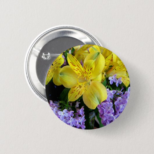 Gele Daylilies & Paarse Lila Bloemen Ronde Button 5,7 Cm (Voorkant /achterkant)