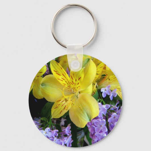 Gele Daylilies & Paarse Lila Bloemen Sleutelhanger (Voorkant)