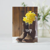 Gele deaffodils Cowboy Boots Westerne bruiloft RSV RSVP Kaartje (Staand voorkant)
