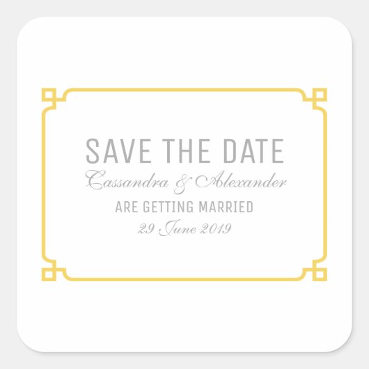 Gele Deco Chic sparen de Datum Vierkante Sticker (Voorkant)