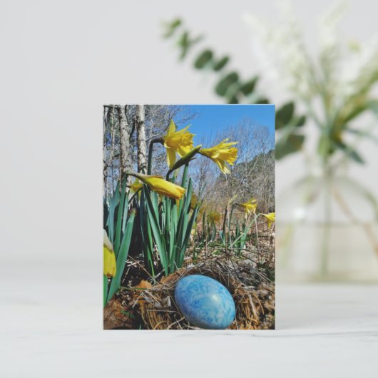 Gele deffodils en blauw ei in nestgebied briefkaart (Staand voorkant)