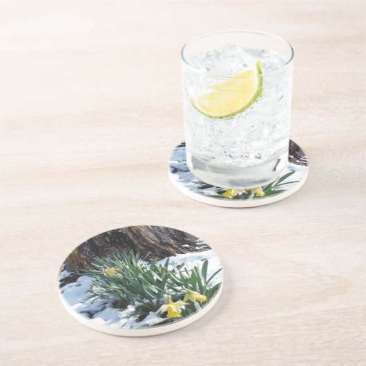 Gele deffodils in de sneeuw zandsteen onderzetter (Zijkant)