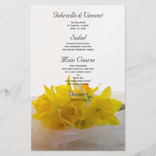 Gele deffodils op het White Spring Wedding Menu (Voorkant)