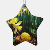 Gele deffodis en een geel paasei keramisch ornament (Links)