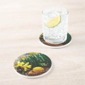 Gele deffodis en een geel paasei zandsteen onderzetter (Zijkant)