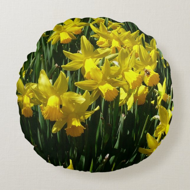 Gele deffodis ik Cheery Spring Flowers Rond Kussen (Voorkant)