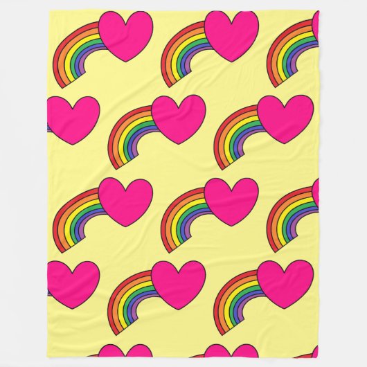 Gele deken met regenbogen en hete roze harten (Voorkant)