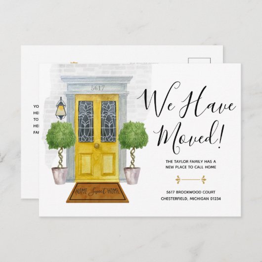 Gele deur - Nieuw adres We hebben aankondiging ver Briefkaart (Voorkant / Achterkant)