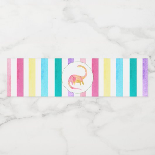 Gele Dinosaurus en pastelstrepen Waterfles Etiket (Enkel label)