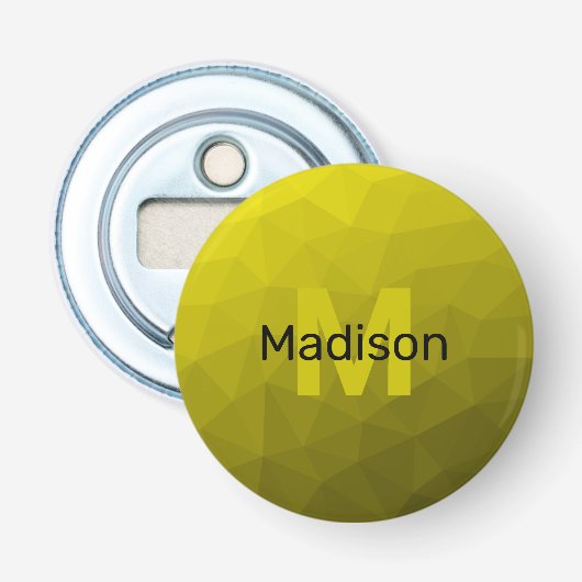 Gele donkere ombre geometrische mesh patroon Monog Button Flesopener (Voorkant)
