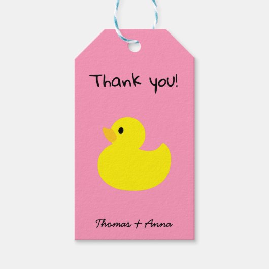 Gele Duck Hartelijk dank, roze Labels met kleurenc Cadeaulabel (Voorkant)