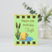 Gele Duckie, Vijver & Cattails 1e verjaardag Briefkaart (Staand voorkant)
