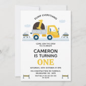 Gele dump vrachtwagen dump alles 1e verjaardag kaart (Voorkant)
