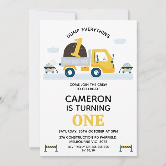 Gele dump vrachtwagen dump alles 1e verjaardag kaart (Voorkant)