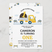 Gele dump vrachtwagen dump alles 1e verjaardag kaart (Voorkant / Achterkant)