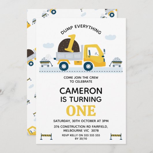 Gele dump vrachtwagen dump alles 1e verjaardag kaart (Voorkant / Achterkant)