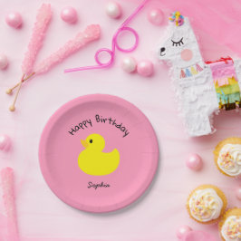 Gele Eend Gefeliciteerd Roze Kleur Papieren Bordje