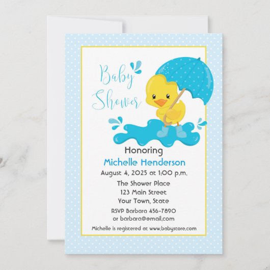 Gele eenden, Umbrella, Baby shower van blauwe poks Kaart (Voorkant)