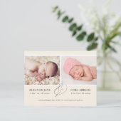 Gele Eenvoudige Twins Foto geboortebekendmaking Briefkaart (Staand voorkant)