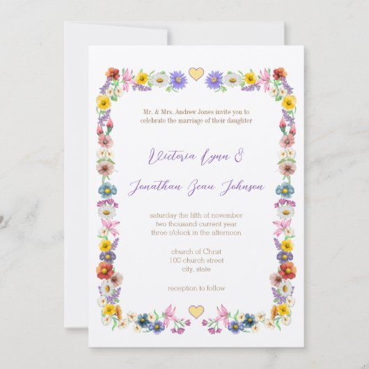 Gele Elegantie Bloemen Wildflower Bloom Bruiloft Kaart (Voorkant)