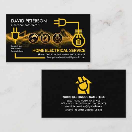 Gele elektrische stroomkringen bliksemelektricien visitekaartje (Voorkant / Achterkant)