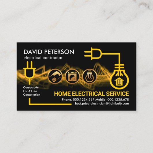 Gele elektrische stroomkringen bliksemelektricien visitekaartje (Voorkant)