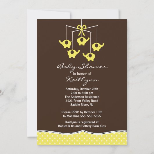 Gele ellephant mobiele Baby shower uitnodiging (Voorkant)