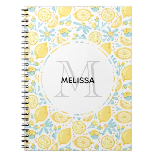 Gele emonen & Pastel Blue Flowers Monogram Naam Notitieboek (Voorkant)