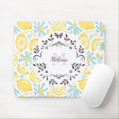 Gele emons & blauwe bloemen monogram & naam muismat (Met muis)