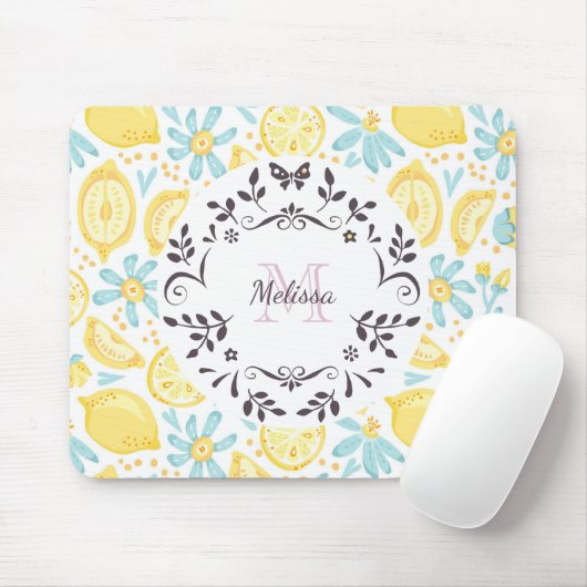 Gele emons & blauwe bloemen monogram & naam muismat (Met muis)