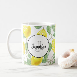 Gele emons met Groene Bladeren Patroonmonogram Koffiemok