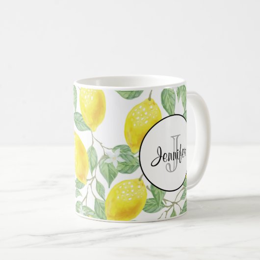 Gele emons met Groene Bladeren Patroonmonogram Koffiemok (Voorkant rechts)