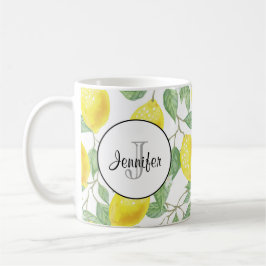 Gele emons met Groene Bladeren Patroonmonogram Koffiemok