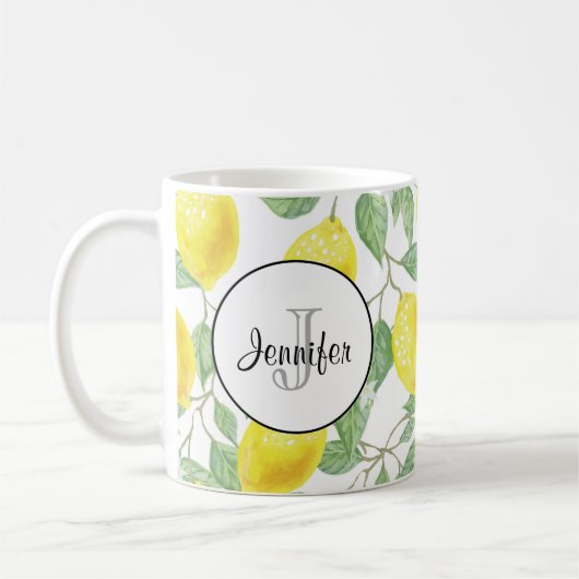 Gele emons met Groene Bladeren Patroonmonogram Koffiemok (Links)