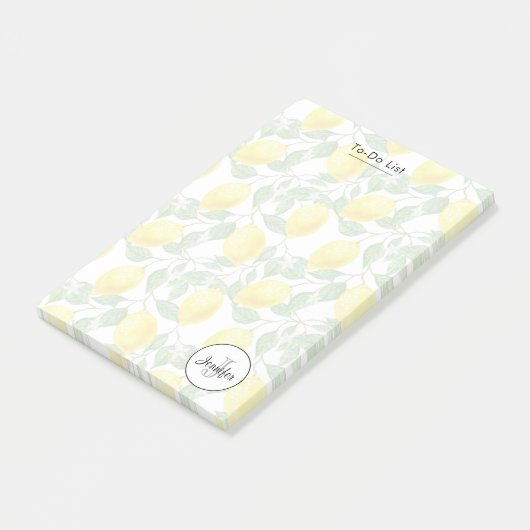 Gele emons met Groene Bladeren Patroonmonogram Post-it® Notes (Schuin)