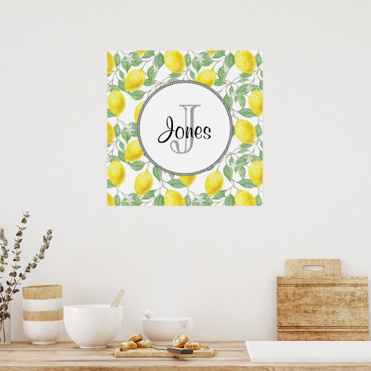 Gele emons met Groene Bladeren Patroonmonogram Poster (Keuken)