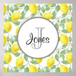 Gele emons met Groene Bladeren Patroonmonogram Poster