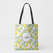 Gele emons met Groene Bladeren Patroonmonogram Tote Bag (Voorkant)